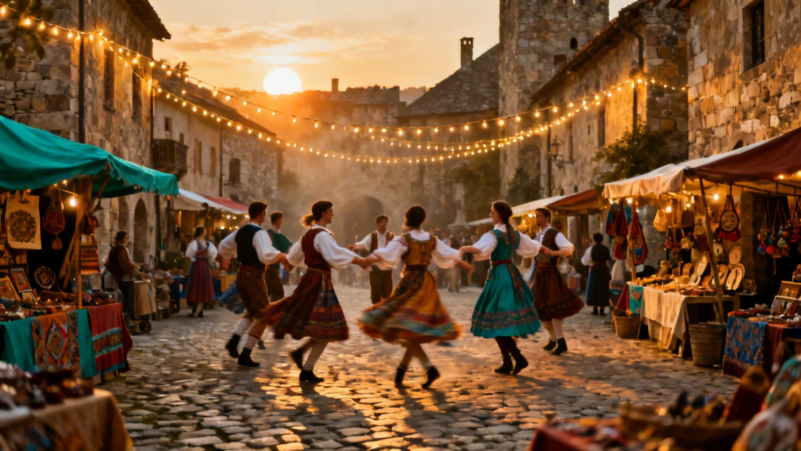Village européen traditionnel au coucher du soleil
